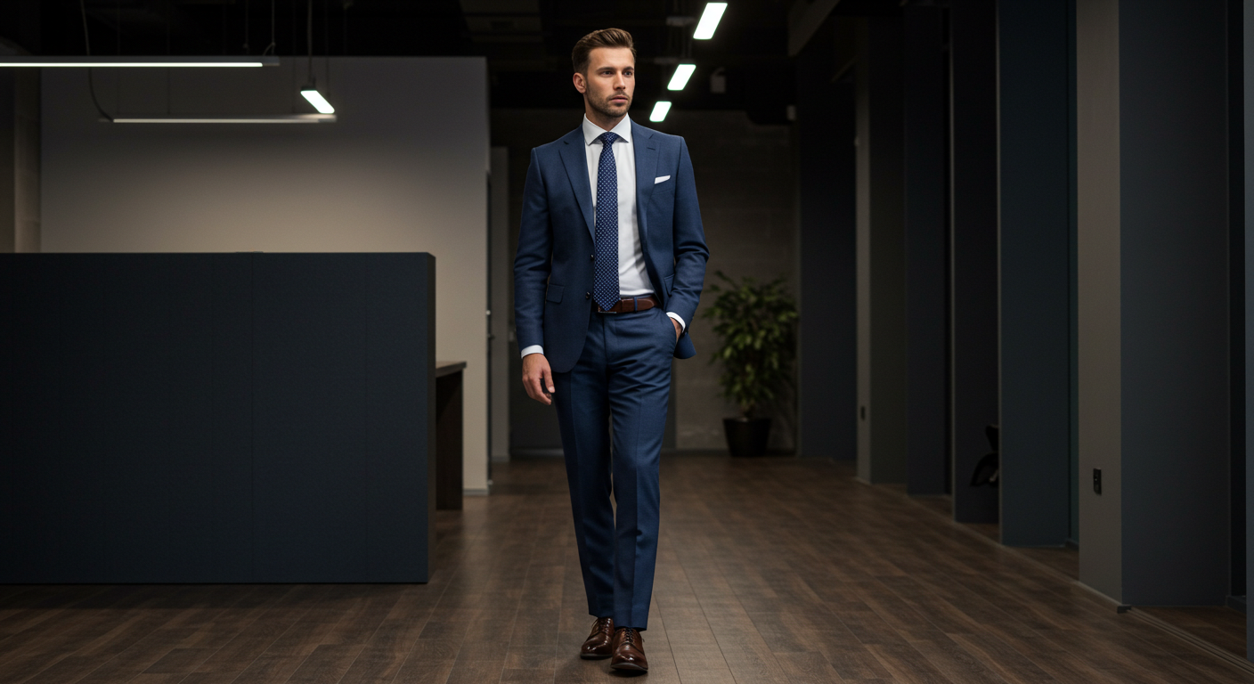 Men's style journey professional businessman navy suit tailored menswear office confident posture leather dress shoes sophisticated styling quality clothing modern workplace