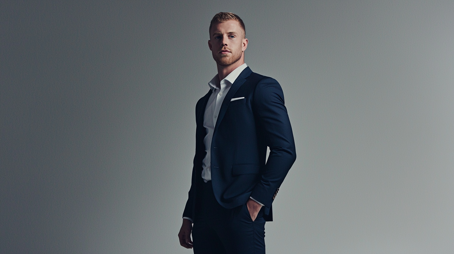 Professional male model wearing perfectly fitted navy suit demonstrating key features of men's style including proper shoulder fit and natural silhouette