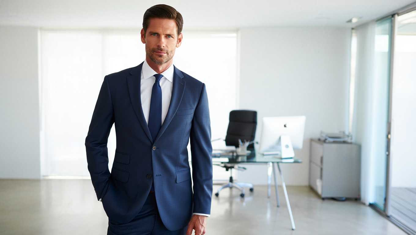 Men's summer fashion lightweight navy business suit professional office setting warm weather business attire fine wool construction