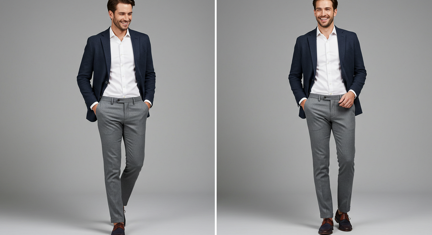 Male model demonstrating versatile men's trouser colors with gray pants, white shirt and navy blazer showcasing essential pant colors for stylish men's wardrobes