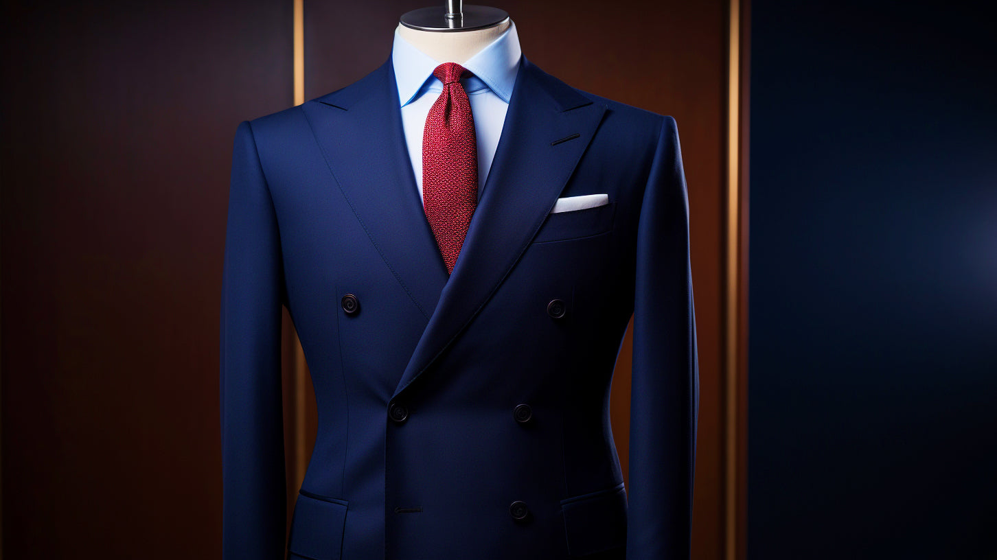 Display of a navy double breasted blazer, epitomising sartorial excellence