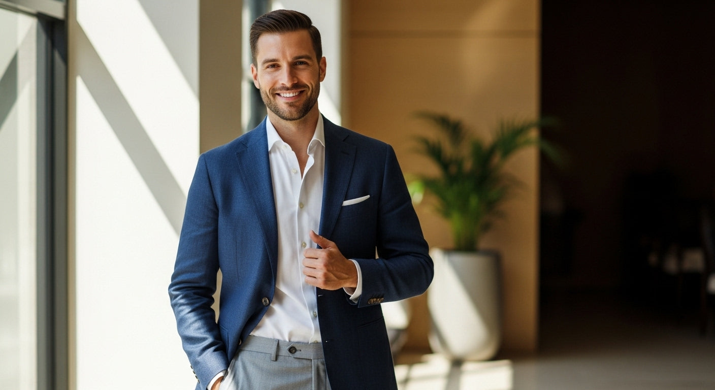 Menswear fabric pairing guide showing navy linen blazer and trouser combinations for building a functional wardrobe with classic men's clothing combinations using seasonal fabric matching principles