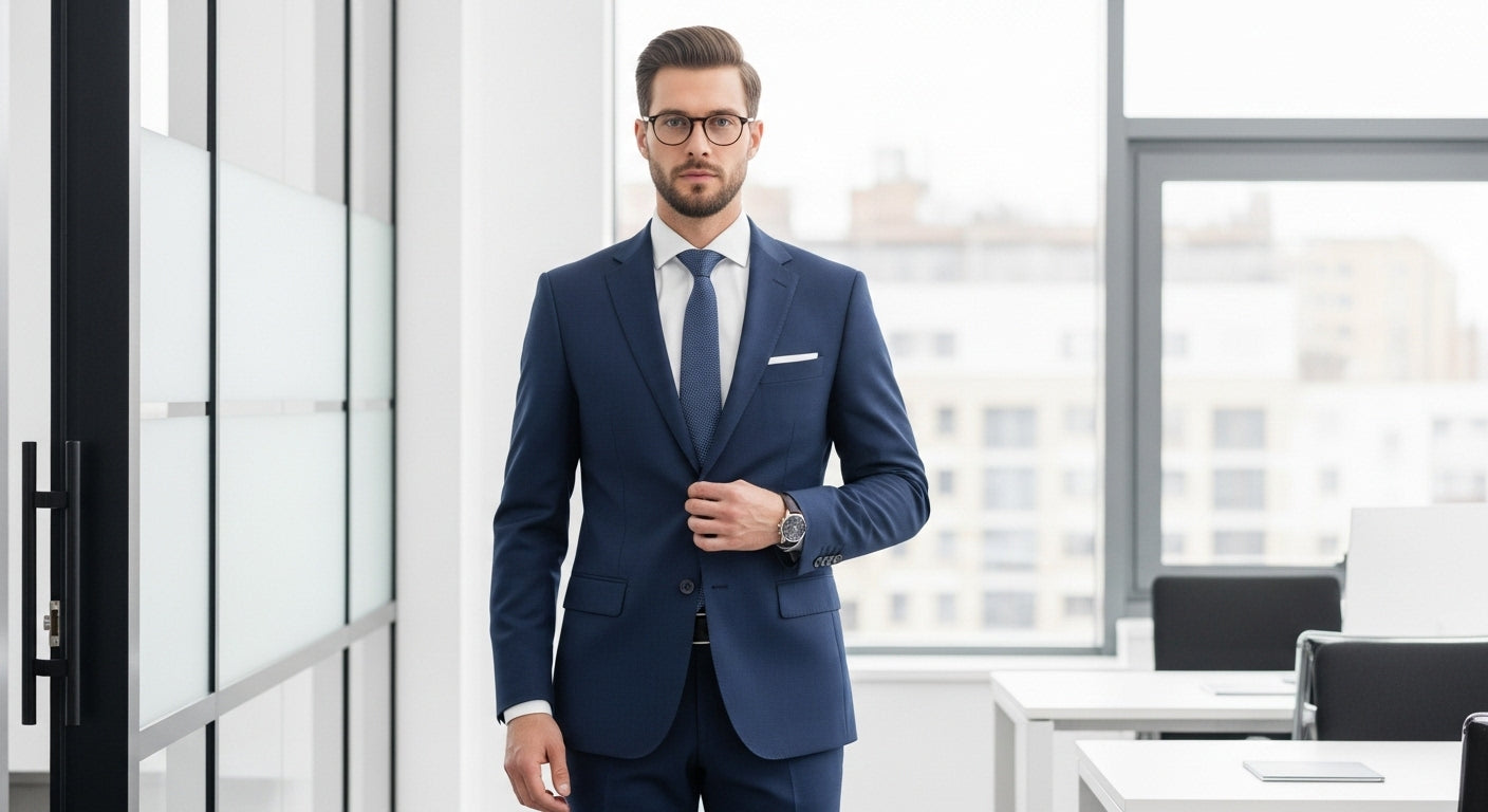 Modern gentleman wearing perfectly fitted navy business suit demonstrating proper menswear tailoring and professional style in contemporary office environment