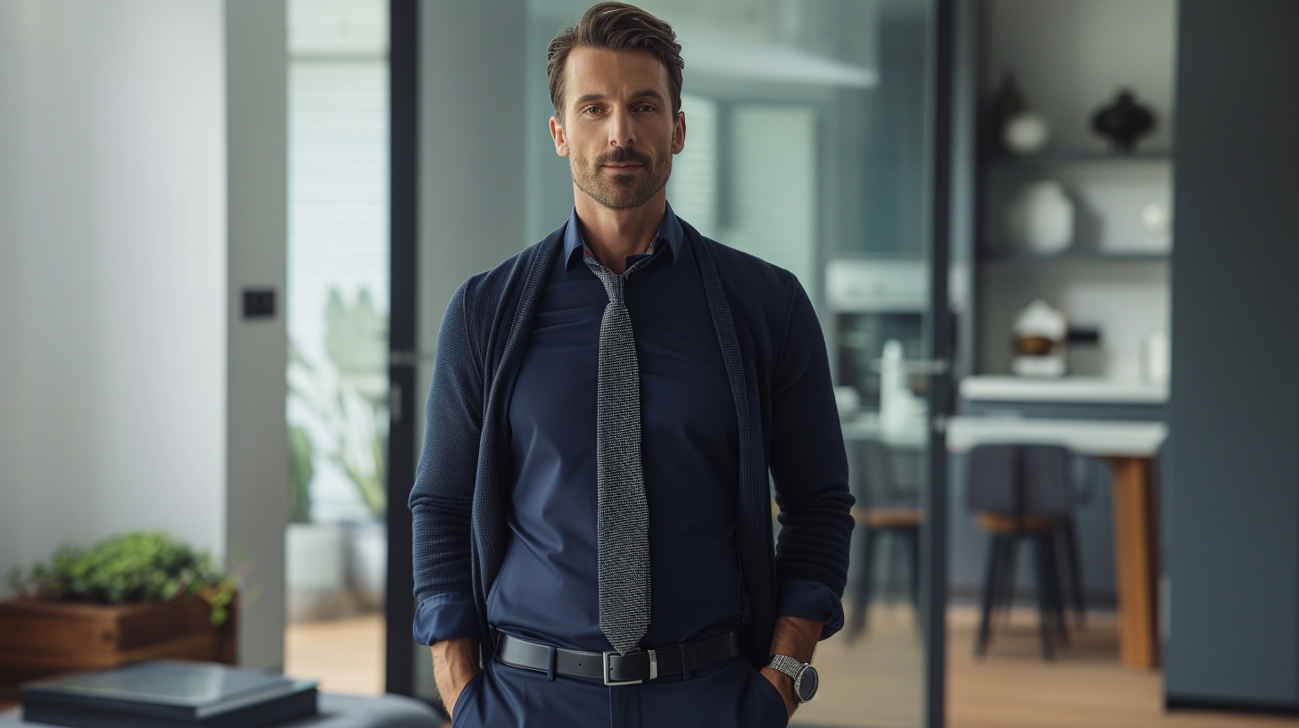 Man wearing all-navy outfit with textured accessories for visual interest