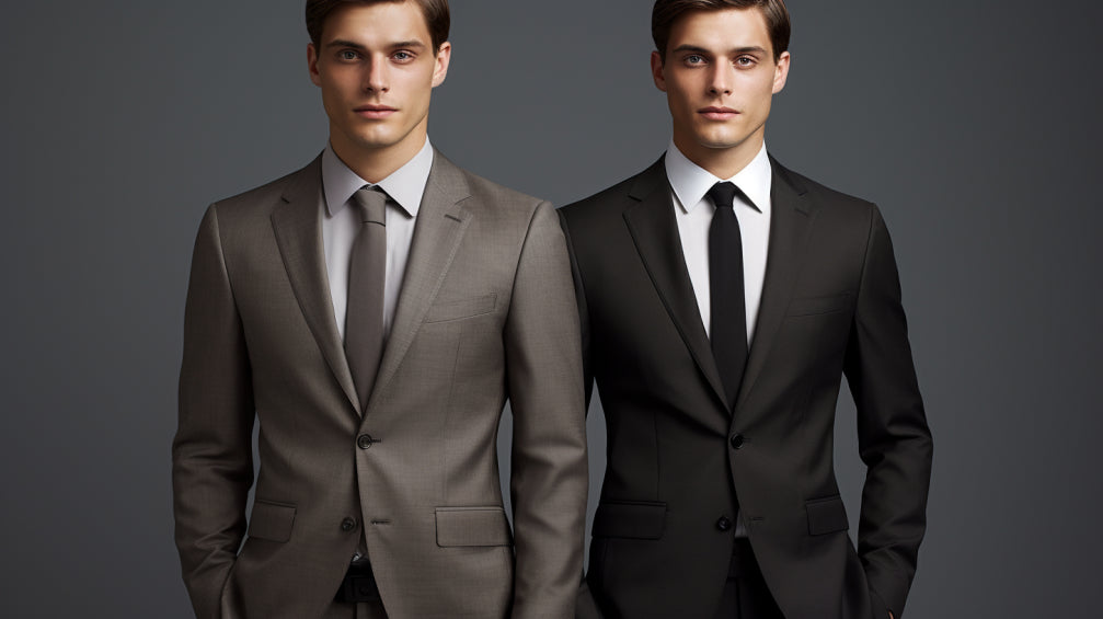 Male model wearing split-design suit showcasing natural wool fabric on left and synthetic blend on right