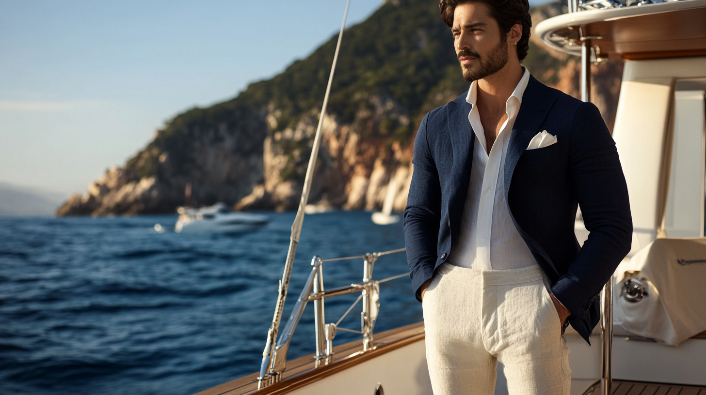 Man wearing navy blazer with cream linen trousers classic summer style outfit on luxury yacht deck showing proper warm weather blazer combination