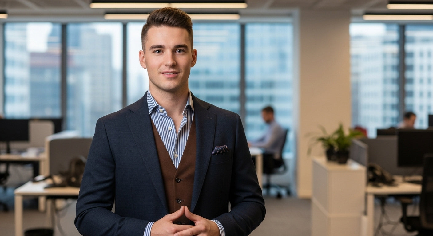 Navy blazer outfit with striped shirt brown waistcoat menswear styling professional look classic mens fashion versatile blazer coordination