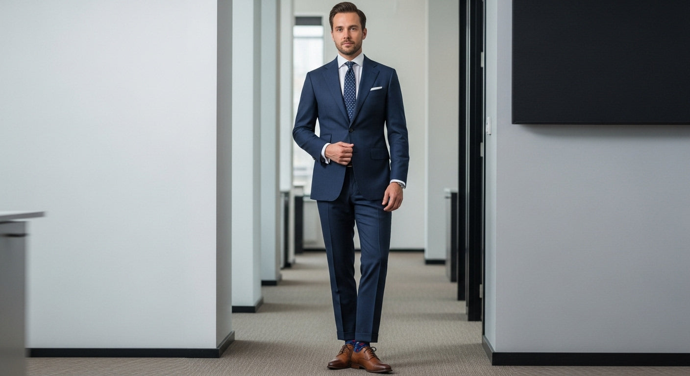 Well-dressed man wearing navy business suit with brown leather dress shoes and colorful patterned socks in modern office setting demonstrating personal menswear style choices