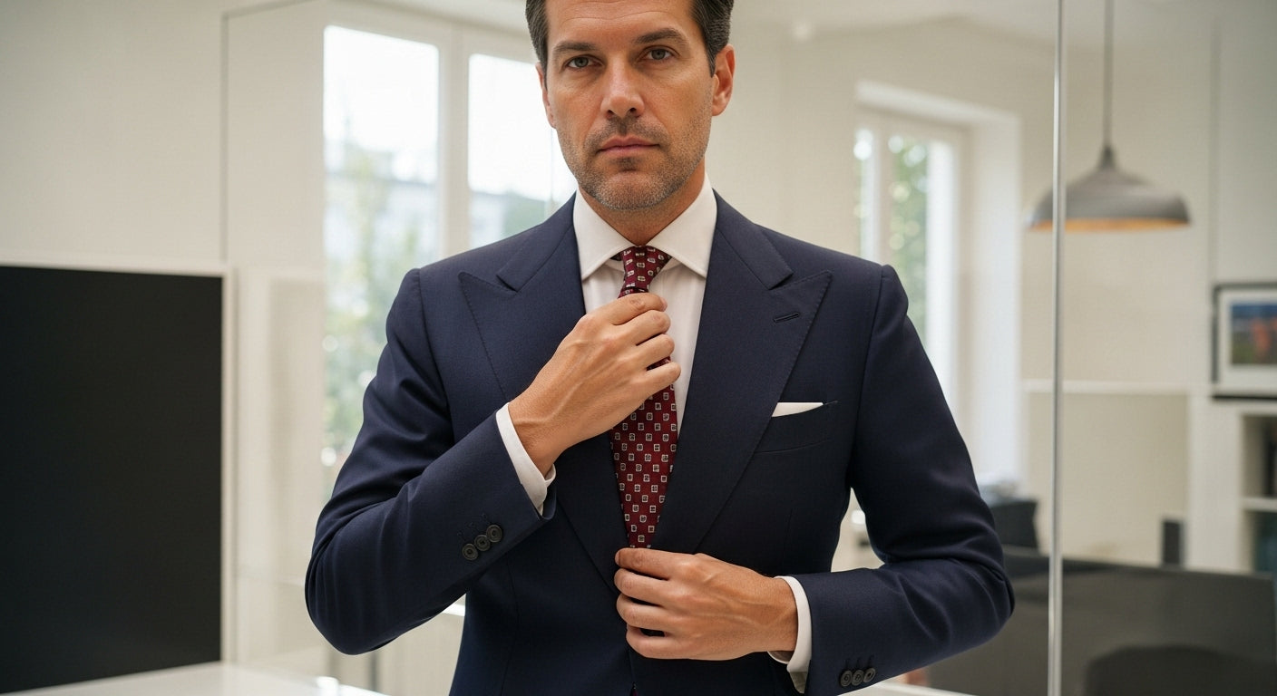 Professional man wearing navy business suit with burgundy patterned silk tie in modern office setting demonstrating proper necktie styling and formal menswear