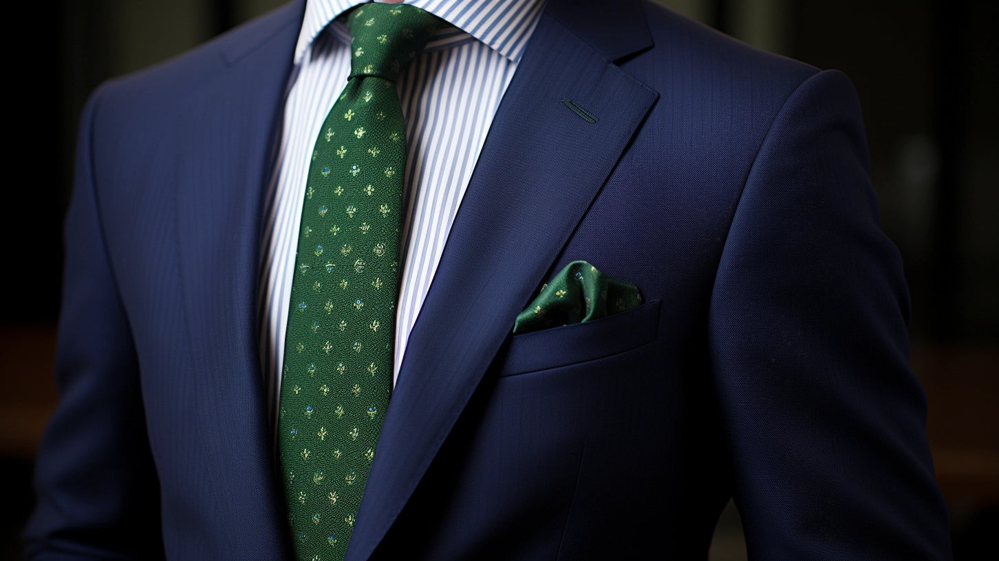 Classic navy suit styled with a dark green patterned tie.