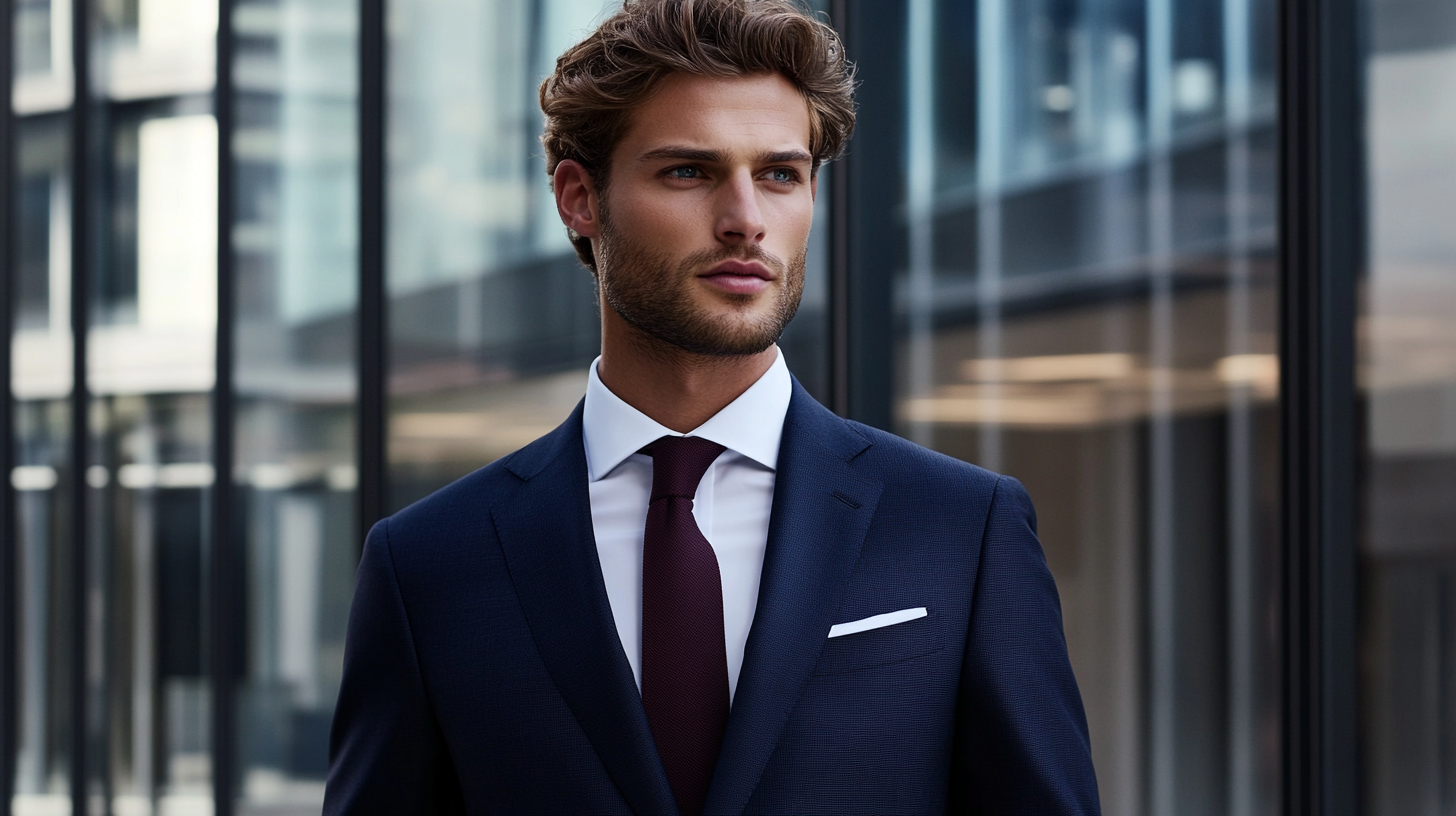 A man wearing a navy blue suit, white dress shirt, and burgundy tie in a professional urban setting, showcasing style tips for confidence and success through polished menswear.