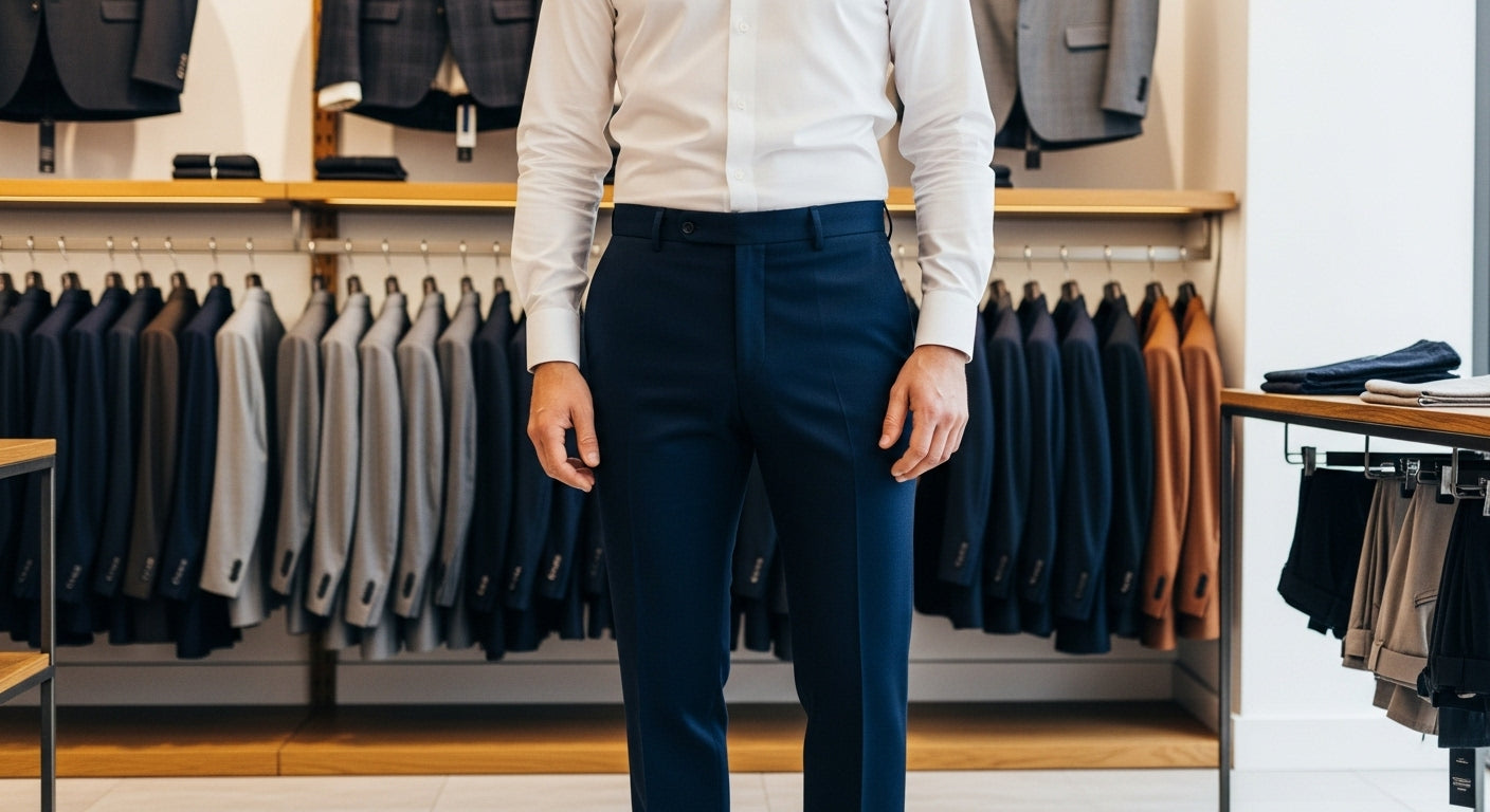 Male model wearing navy trousers custom fitted pants mens body type guide well fitted dress pants business casual menswear boutique setting