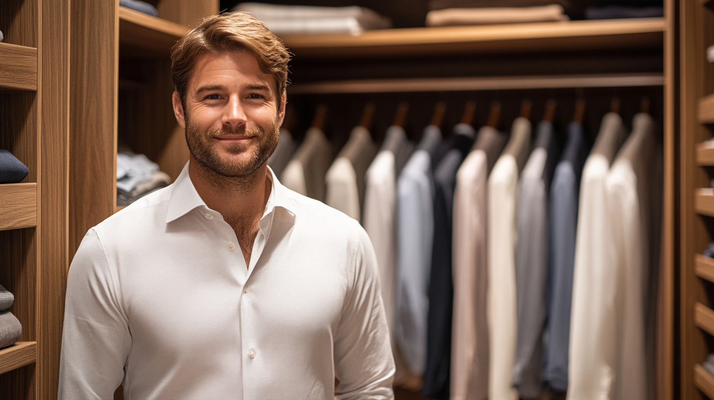 Man standing in front of organized wardrobe showing different occasion-appropriate outfits arranged from casual to formal menswear, demonstrating versatile clothing combinations