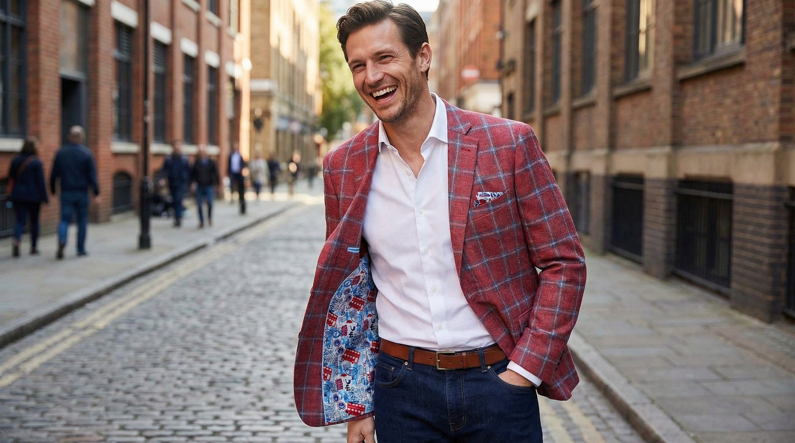 Pattern matching in tailoring showing check matching suits with precise stripe alignment across seams, demonstrating bespoke suit construction quality indicators and garment pattern balance in custom tailored menswear