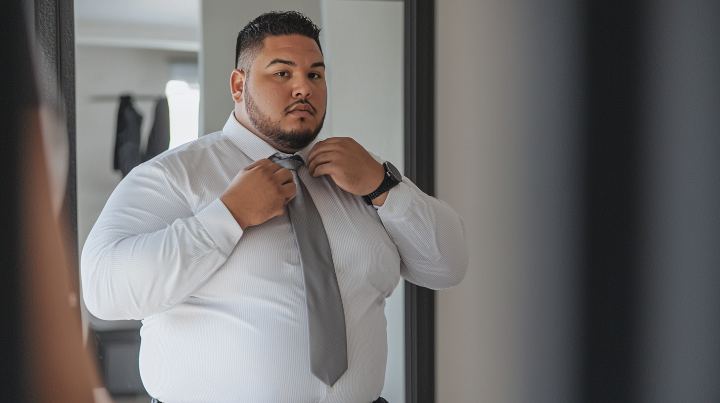 Plus-size man adjusting tie, wearing a white shirt with subtle vertical stripes, demonstrating flattering professional wear for larger body types