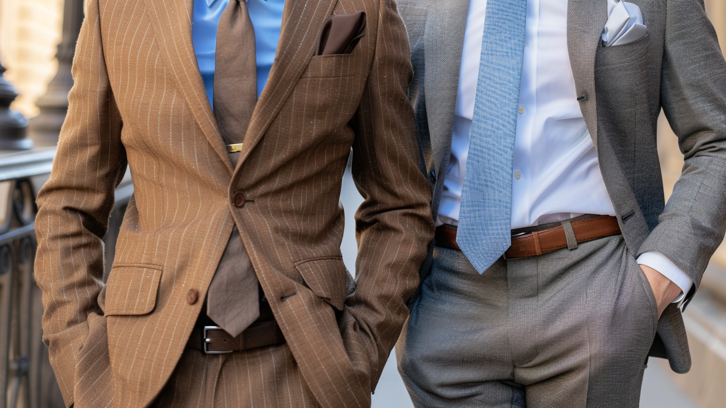 Two outfits demonstrating practical examples of matching socks and ties with suits, one formal and one modern.