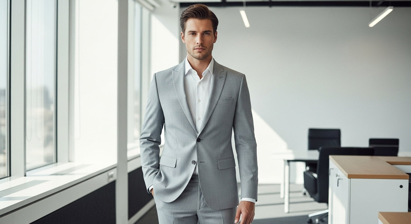 Professional male model wearing light gray summer suit with white dress shirt in modern office showing lightweight business attire for hot weather professional menswear