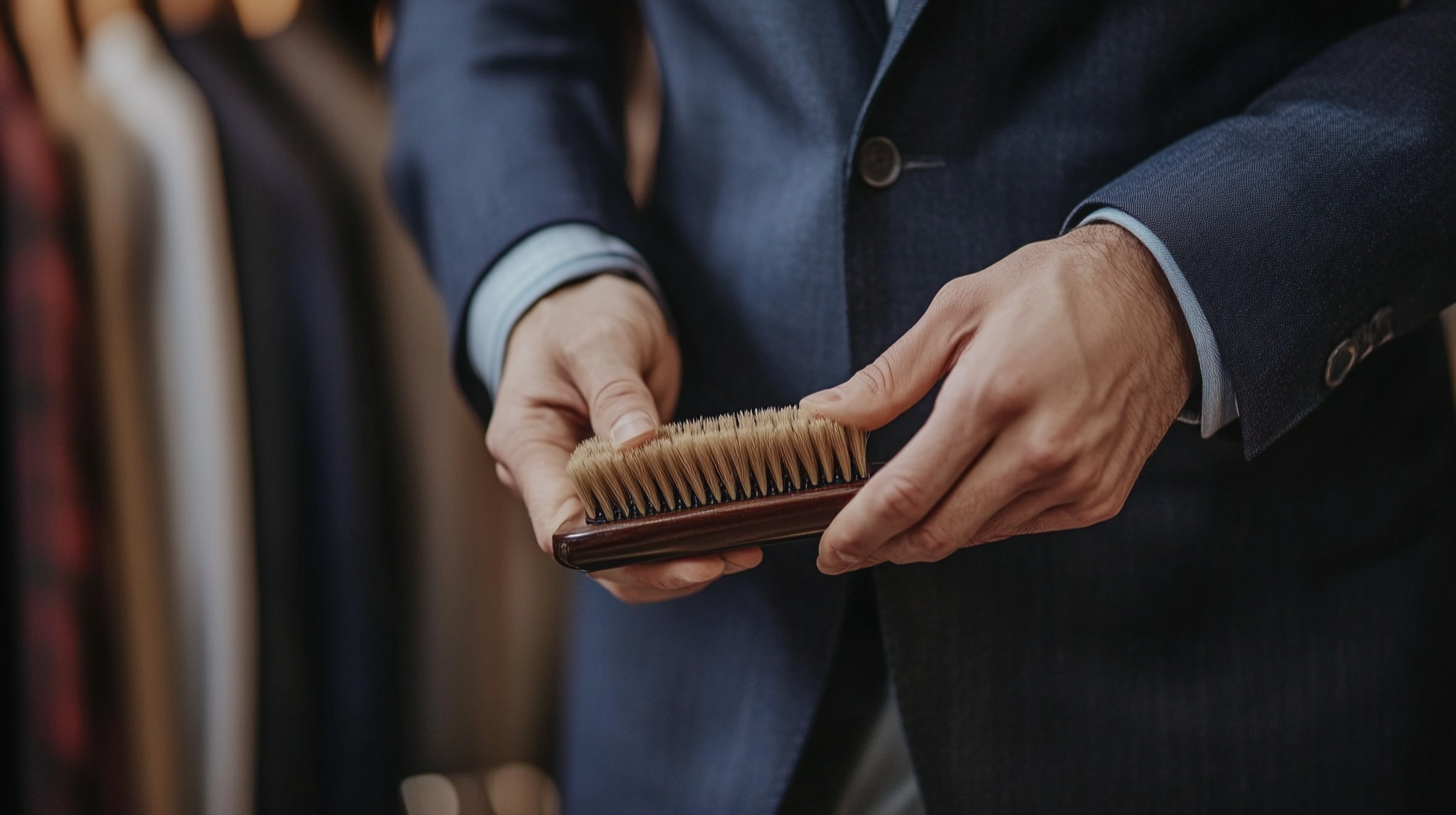 Man demonstrating correct suit cleaning method using professional suit brush for proper garment maintenance and care techniques