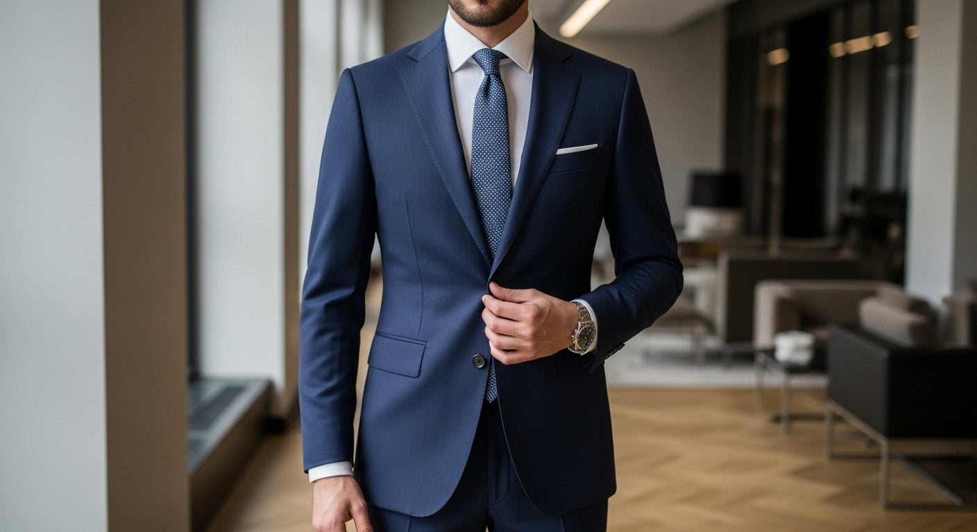Male model wearing properly fitted navy business suit jacket with correct length proportions sleeve measurements professional office setting menswear tailoring demonstration