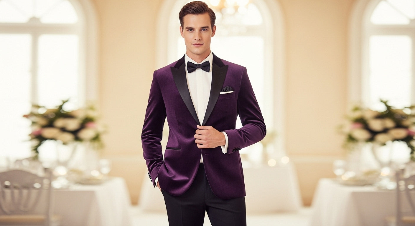 Purple velvet dinner jacket with peak lapels single button closure for wedding formal wear men's bespoke tailoring custom-made evening jacket plush fabric texture rich color formal occasion attire
