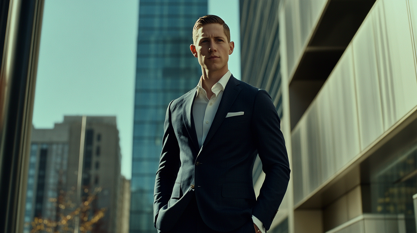 Man under 5'8" wearing well-fitted navy suit walking confidently in business district, demonstrating perfect proportions for short men's style guide