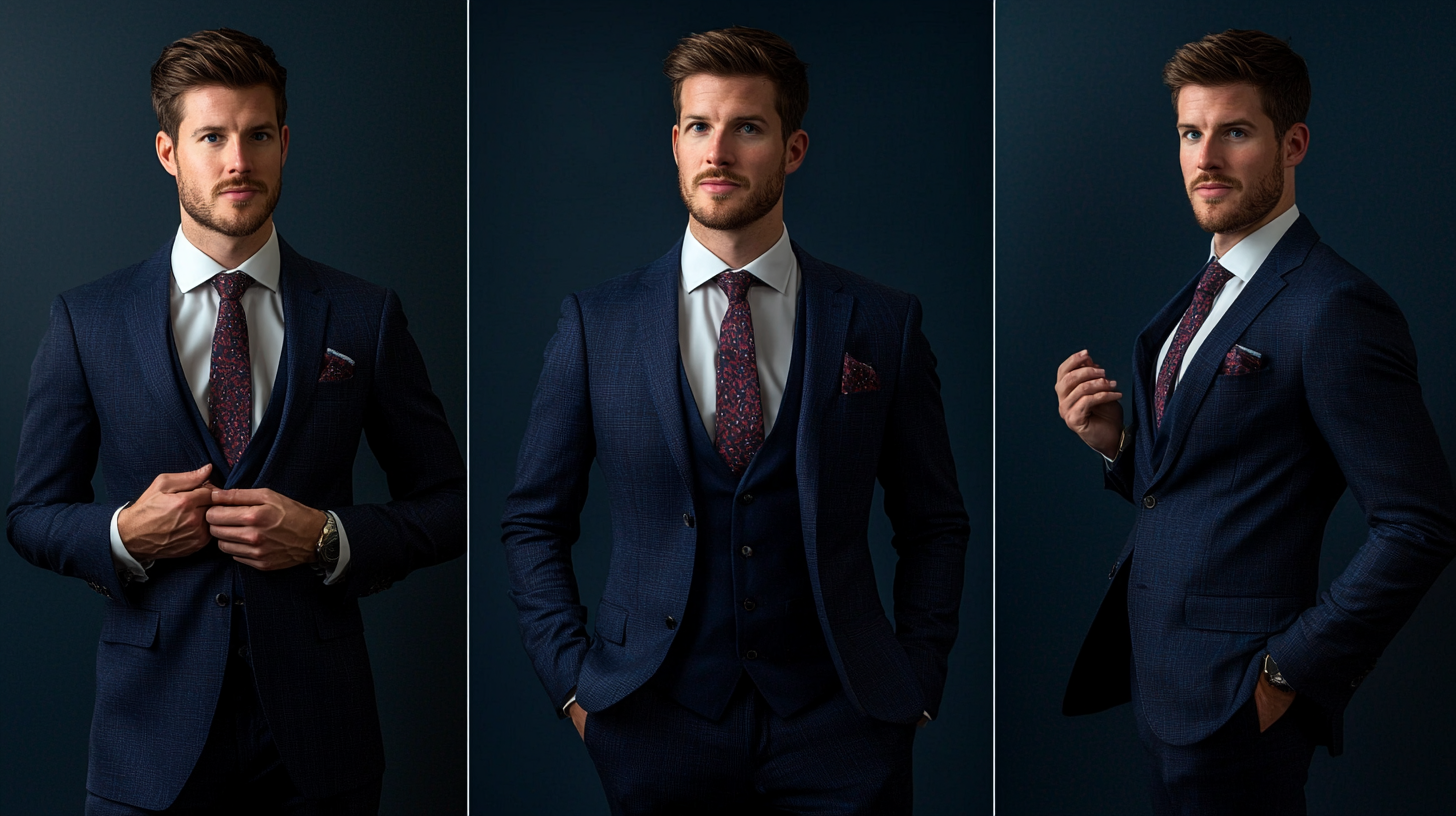 Triptych of man maintaining signature suit style across business, social, and casual settings