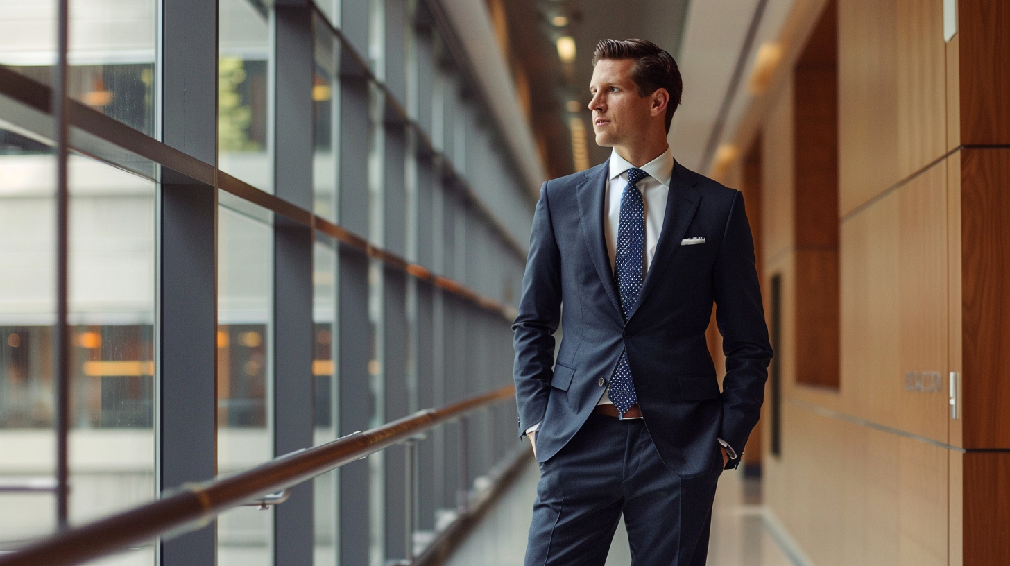 Businessman wearing navy single vent suit jacket in modern office, showcasing American style