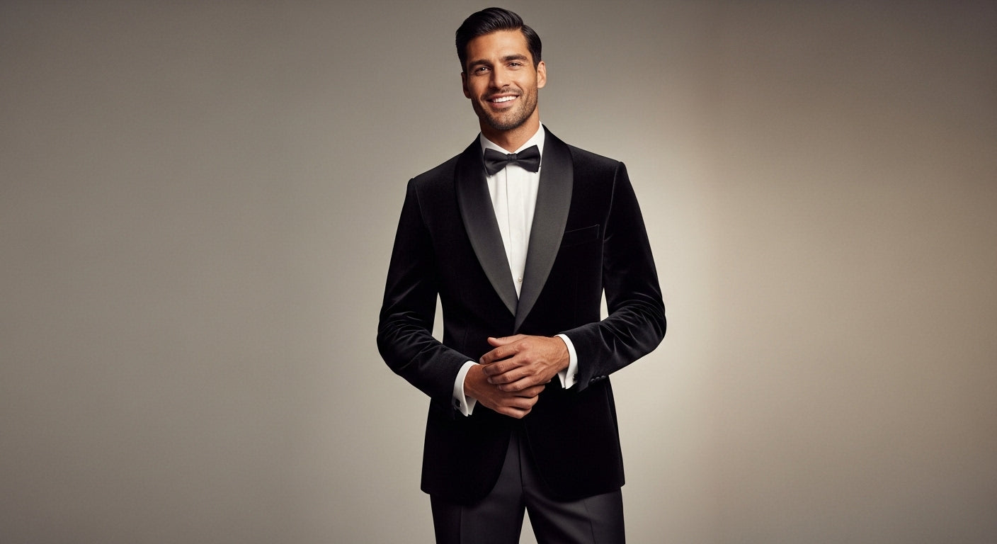 What trousers to wear with smoking jacket guide showing men's smoking jacket styling with velvet smoking jacket outfit and dinner jacket trousers for semi-formal evening wear occasions