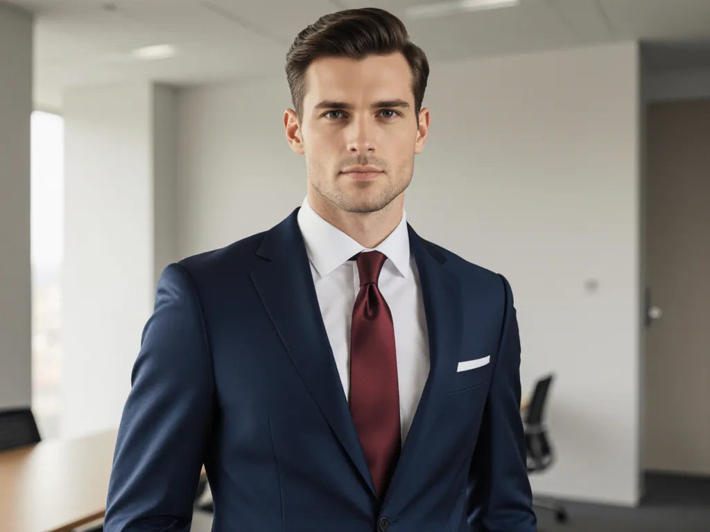 Sophisticated colors for men navy blue suit burgundy tie white dress shirt professional menswear power colors business attire elegant style guide