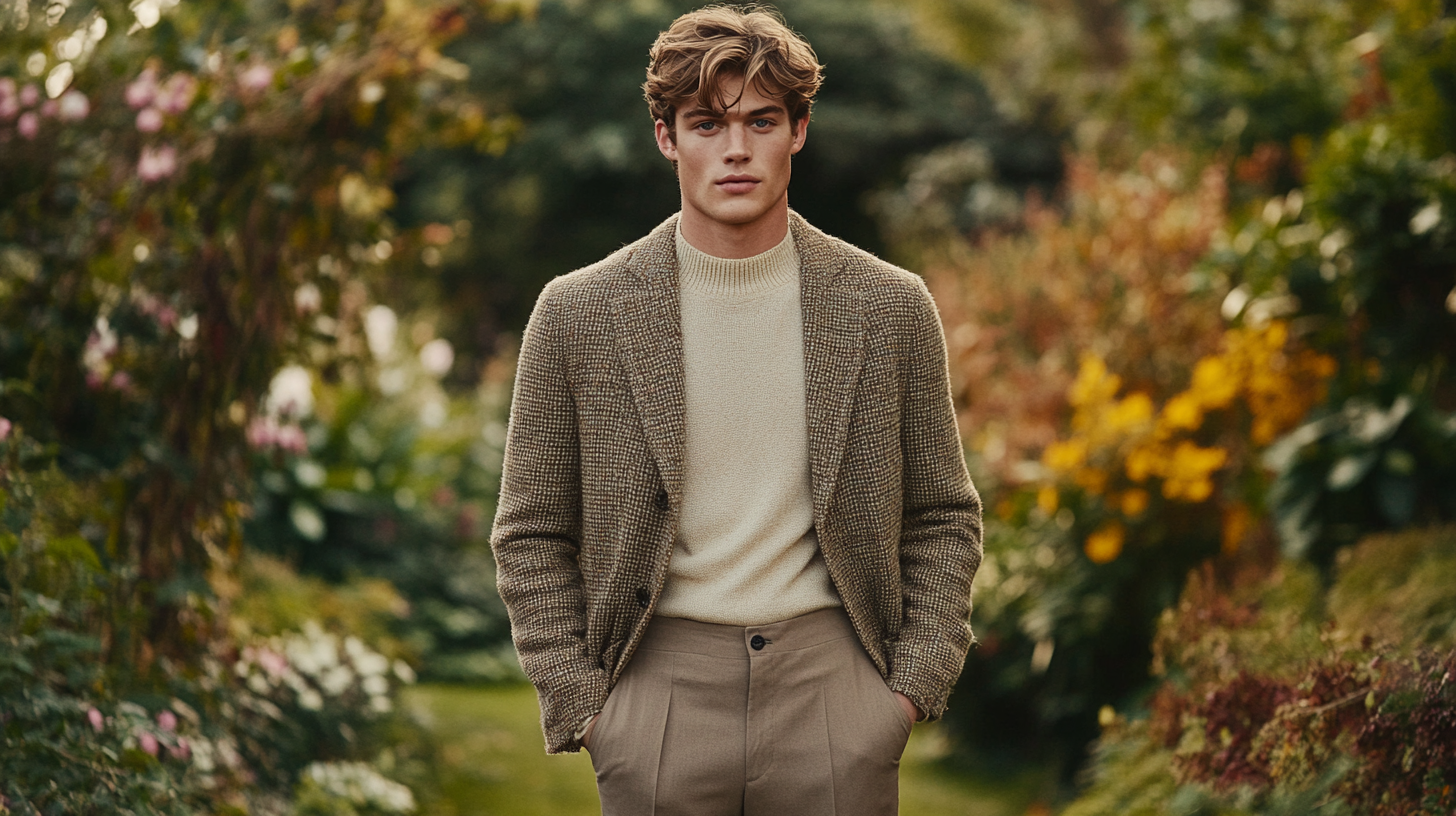 Man wearing light oatmeal spring tweed jacket with neutral color palette outfit showcasing 2025 spring menswear trends with Italian-inspired styling and seasonal tweed combinations