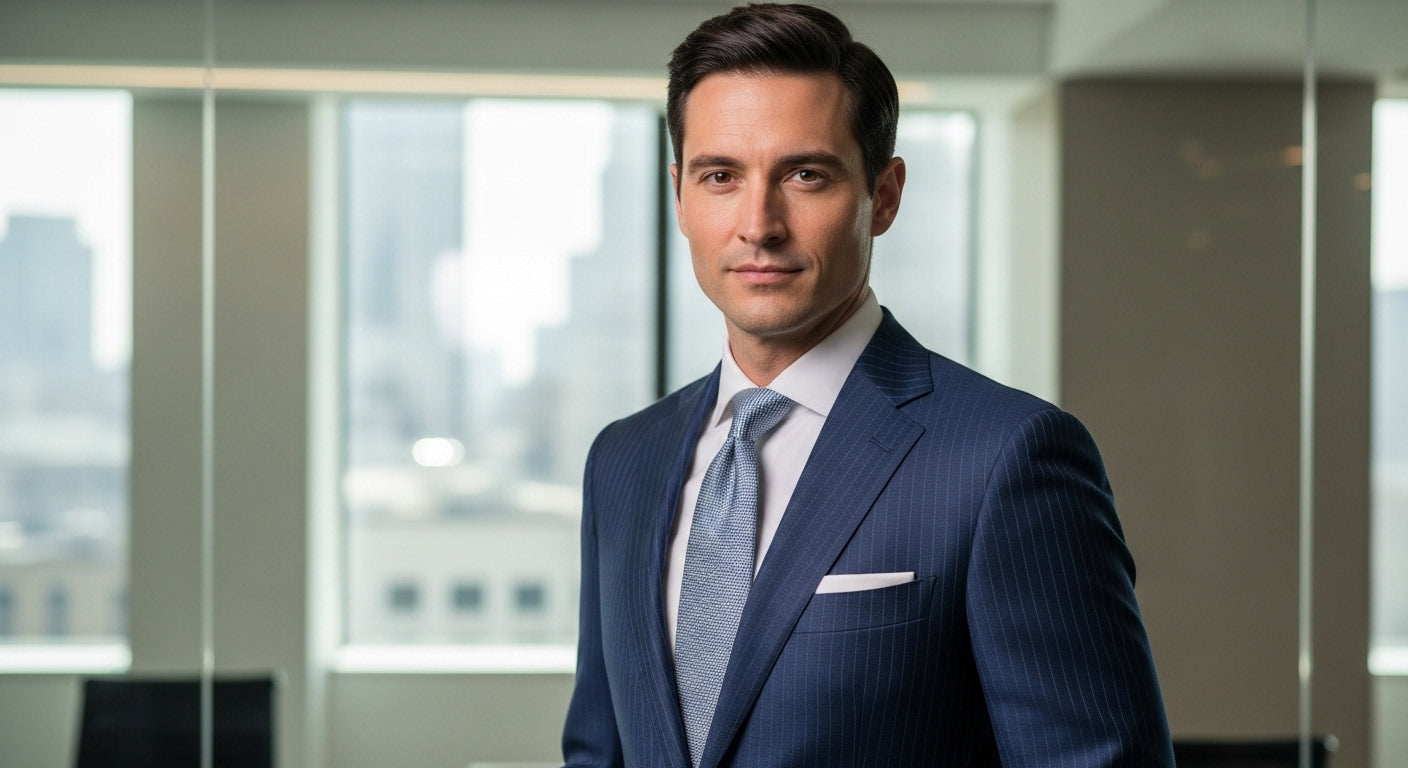 Striped suit guide showing pinstripe suit and chalk stripe suit patterns for mens striped suits including types of striped suits with classic suit stripes in navy and grey wool fabrics for gentleman's wardrobe suit options