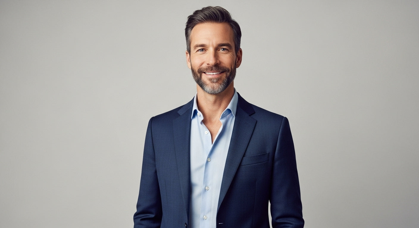 Style tips for skinny men over 40 showing professional man in navy blazer demonstrating proper fit for lean frame men's fashion and how to dress when you're skinny with structured clothing