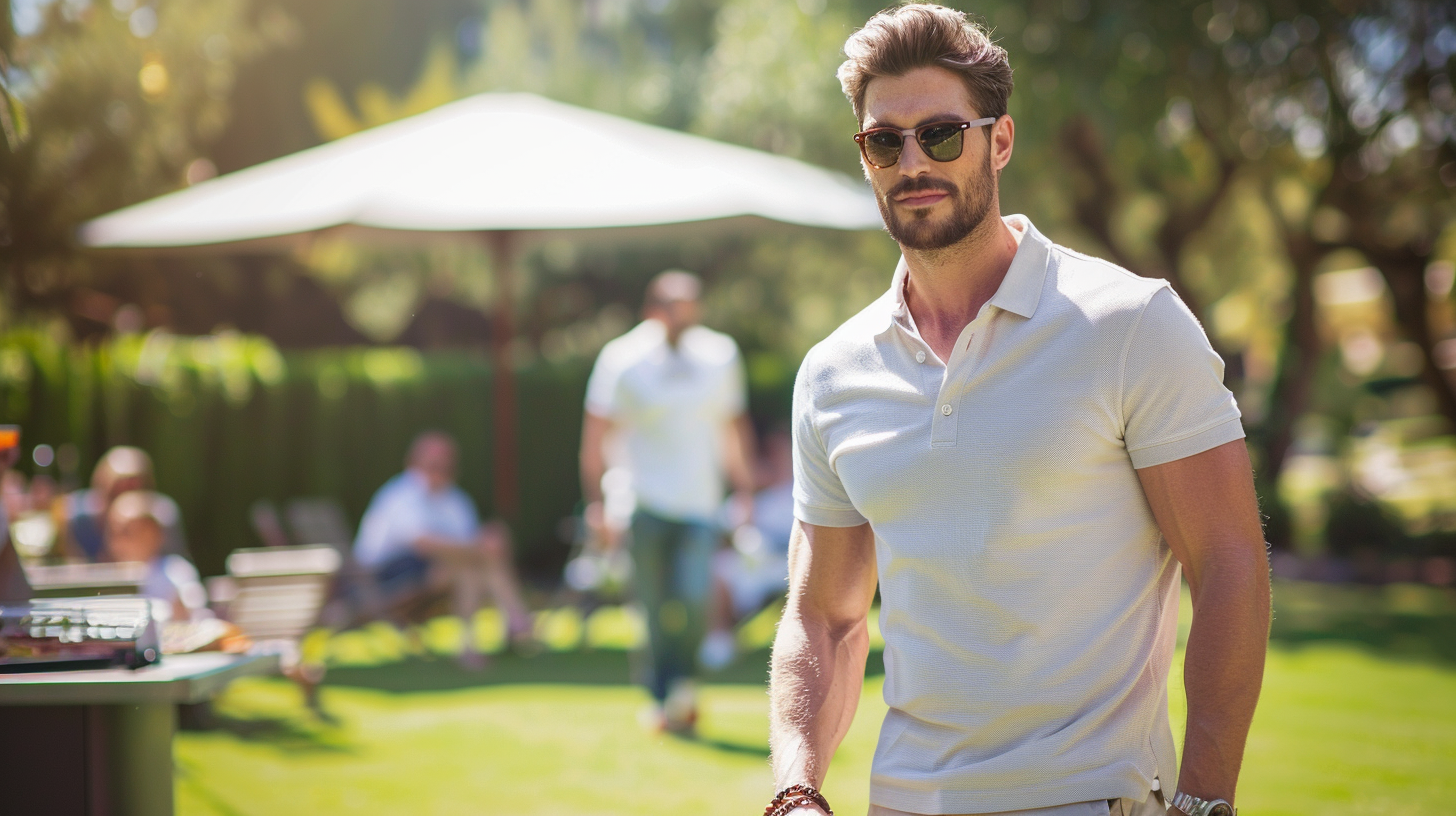 Stylish man dressed in casual hot weather clothing with a light grey polo shirt, stone chinos, and light cognac fisherman sandals at a sunny outdoor picnic.
