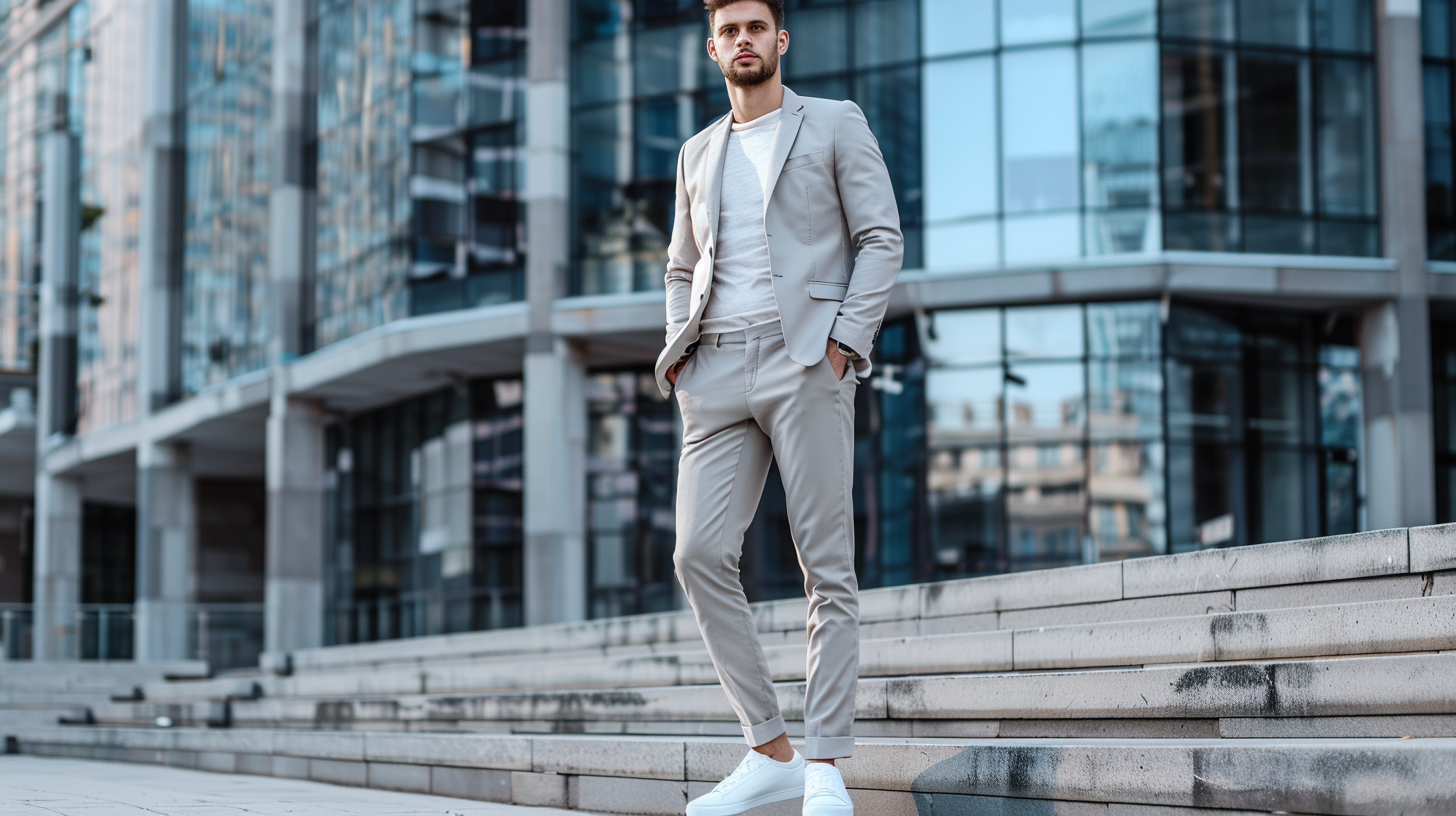 Fashion-forward man confidently wearing light grey tailored suit paired with clean white leather sneakers standing in city environment