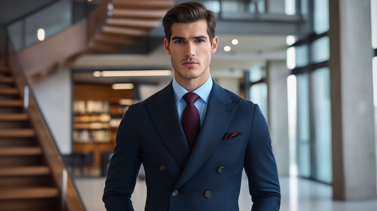 Confident businessman wearing tailored navy double-breasted suit with light blue shirt and burgundy tie in professional office environment