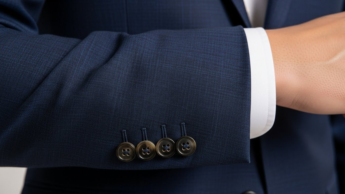 Suit button and buttonhole details and tailoring quality features