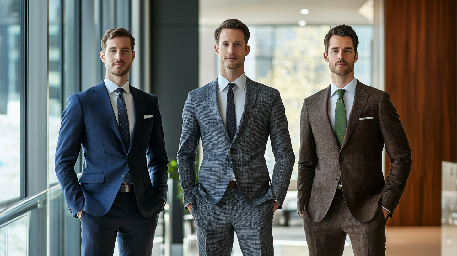 Professionals in navy, grey, and brown suits demonstrating versatile suit color choices in modern office setting