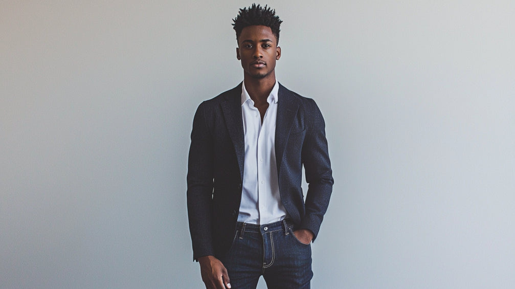 Male model wearing navy textured suit jacket with dark slim-fit jeans and white dress shirt, standing with arms naturally at sides against neutral background, demonstrating perfect smart-casual balance between formal and casual menswear