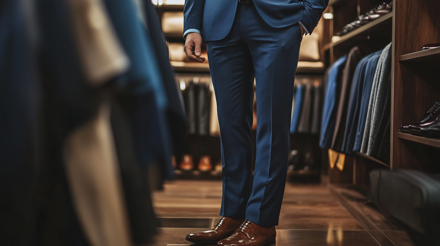 Professional man in navy business suit examining suit trouser fit and drape in dressing room mirror, demonstrating proper suit trouser length and break