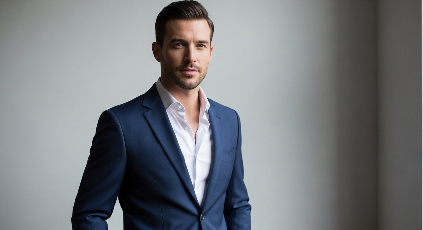 Three blue jackets for men styling and outfit ideas featuring blue and gray jacket, navy safari jacket, lightweight blue Donegal jacket with navy suit trousers, olive trousers, smart casual jacket combinations for men's fall wardrobe