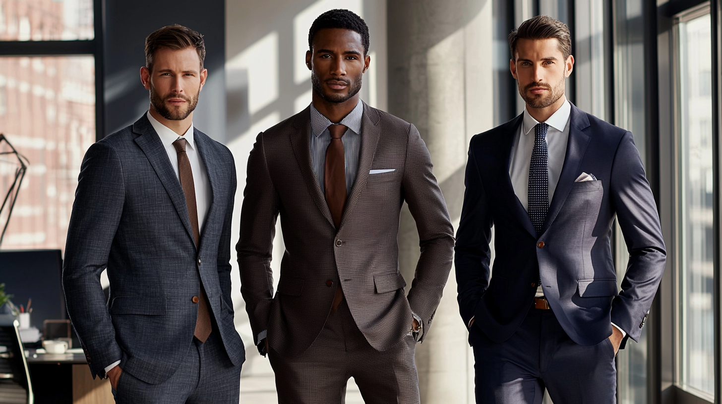 Three professional men in a modern office, wearing charcoal grey, chocolate brown, and navy suits respectively, demonstrating the versatility and appropriateness of these colors in a business environment.