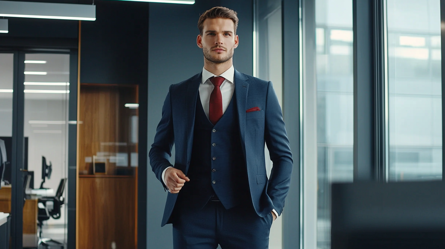 Male model wearing navy blue three-piece suit in office, showcasing jacket, waistcoat, and trousers of classic business attire