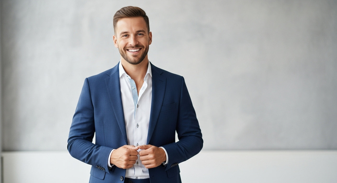 Ultimate navy blazer buying guide 2026 showing men's navy blazer style with detailed fabric construction, brass buttons, and versatile navy blazer design for gentleman's wardrobe and sartorial fashion