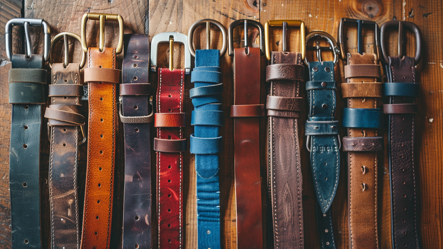 tion of belts made from different materials including leather, suede, and fabric, illustrating the versatility and options available in men's belts.