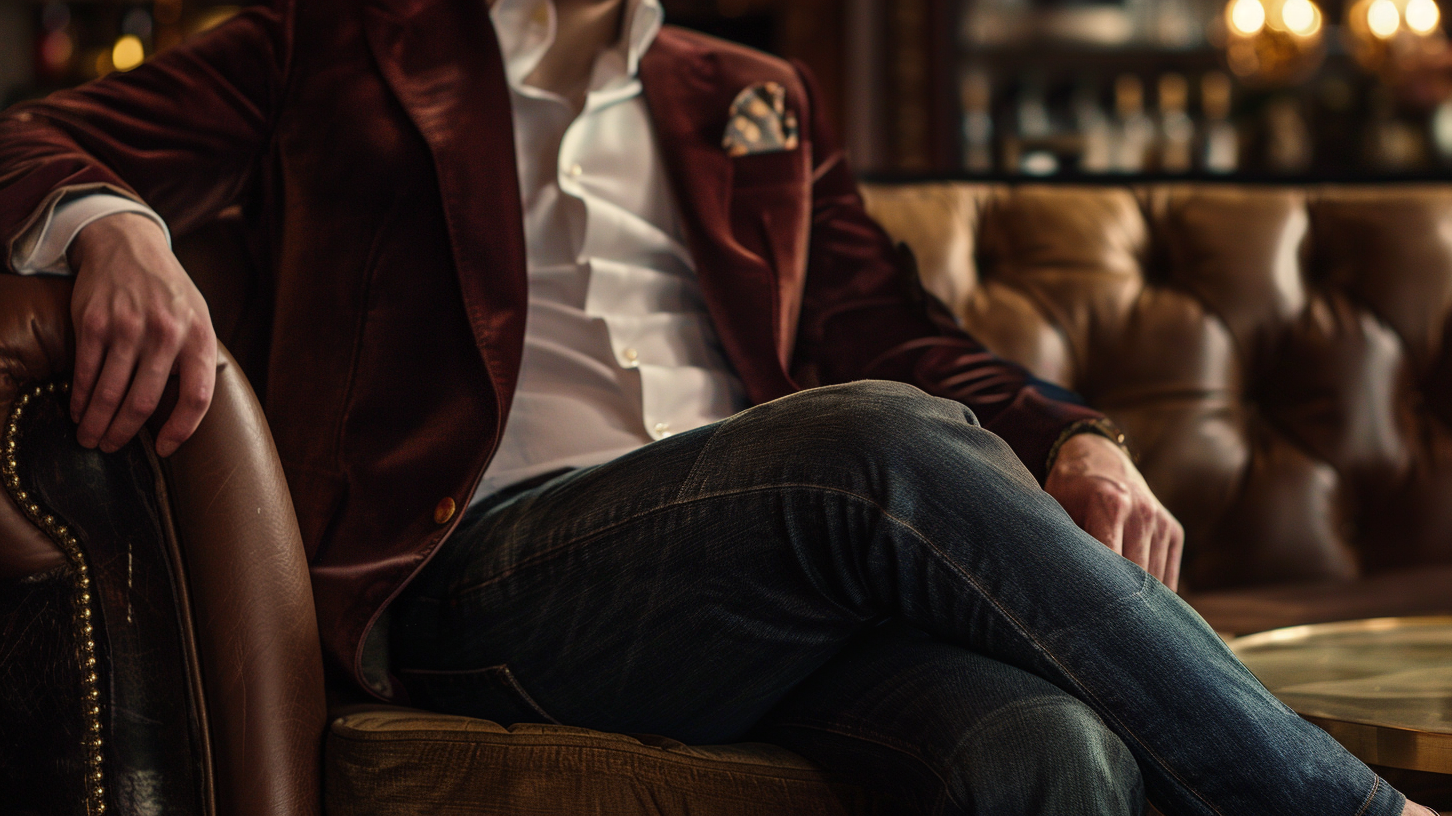 A stylish evening look with a man wearing a velvet slipper, paired with a velvet jacket and mid-wash denim jeans, in an upscale lounge with dim, ambient lighting.
