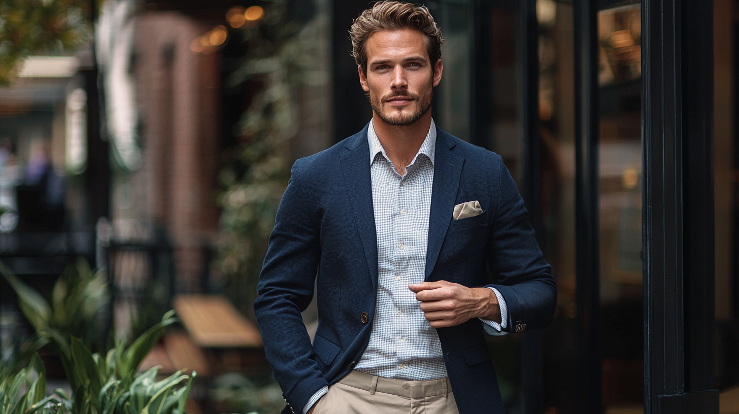 Man wearing navy blazer with khaki chinos in city, demonstrating versatile menswear style