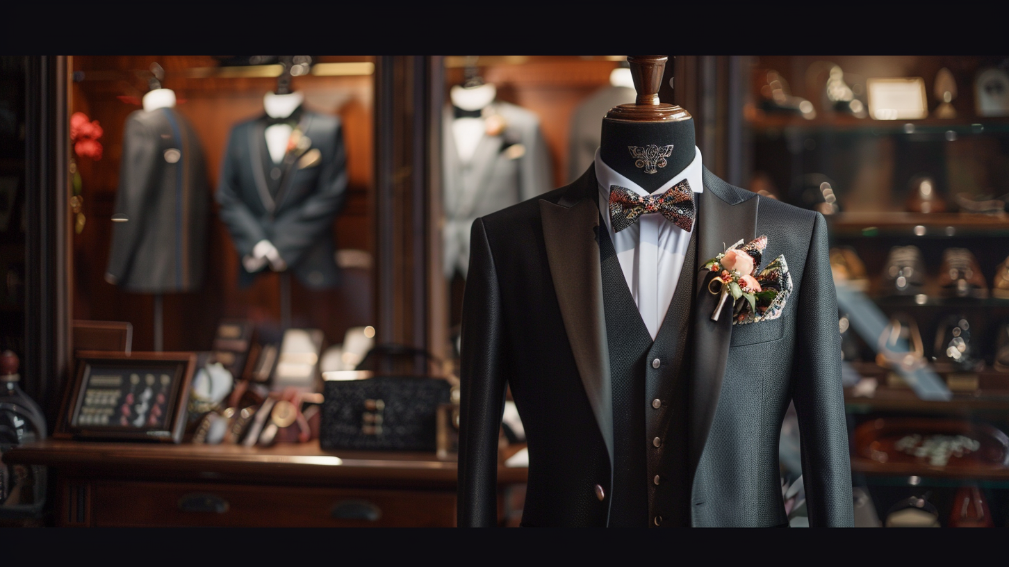 A classic black wedding suit with accessories like a tie, pocket square, and boutonniere displayed on a mannequin, highlighting the importance of accessories for a wedding suit.