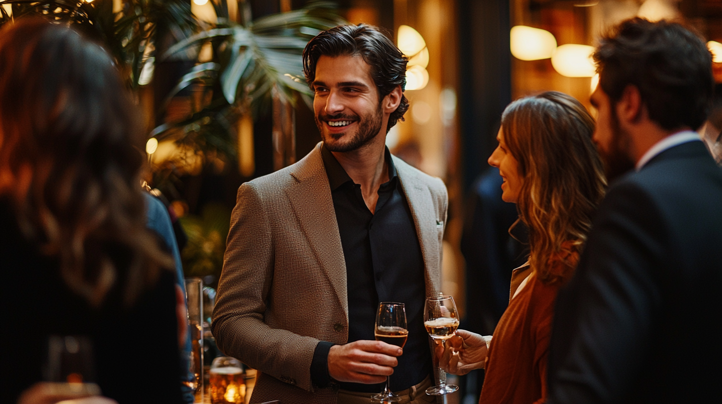 Stylishly dressed man at center of attention during social gathering, demonstrating attraction and positive social perception