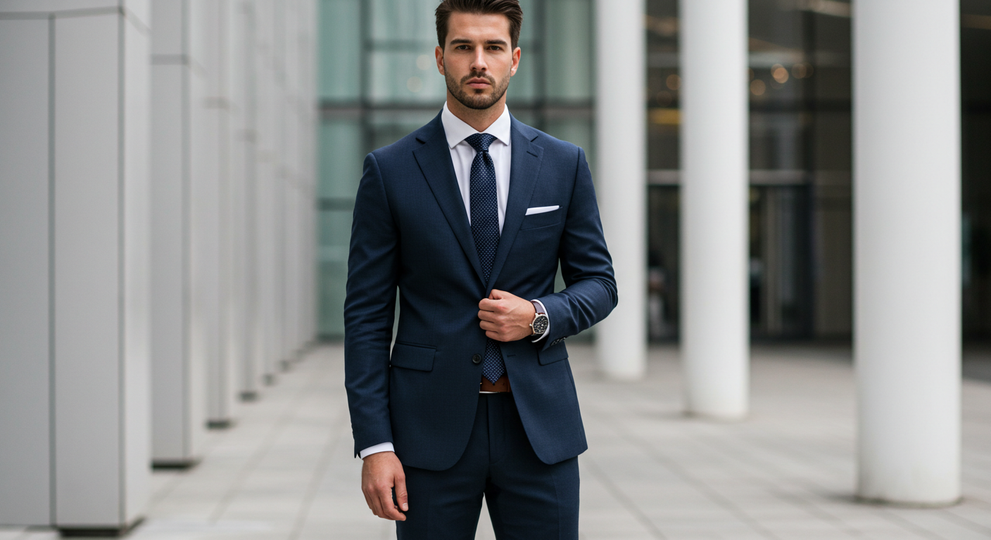 Male model wearing properly fitted navy business suit demonstrating correct posture and tailoring for lean masculine appearance in urban setting