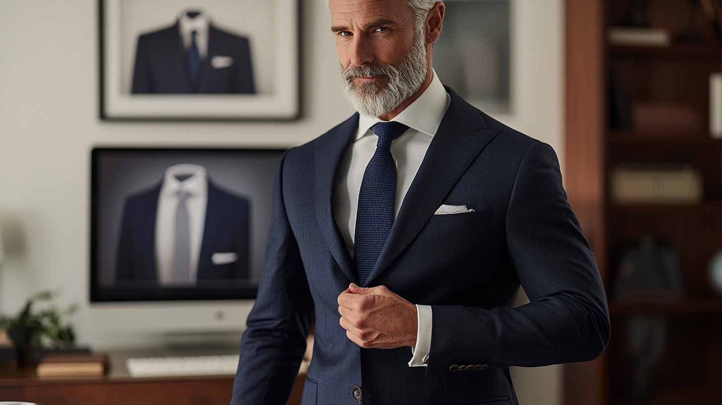 Man wearing a custom-tailored Westwood Hart navy suit, showcasing impeccable fit and craftsmanship, with the company's online suit configurator visible in the background